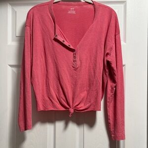 Aerie Coral Long Sleeve Tee with Button Detail